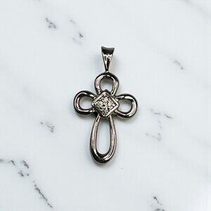 Small Cross Silver-Tone Pendant With Cubic Zirconia Accents